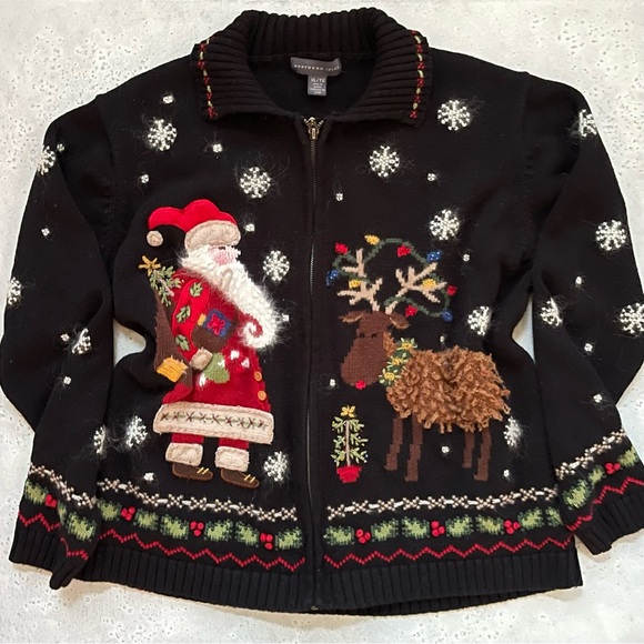 Vintage Northern Isles Black Knit Christmas Santa Reindeer Embroidered Cardigan - Picture 2 of 7